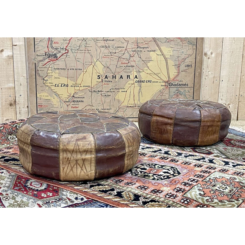 Pair of vintage Berber leather poufs, 1970