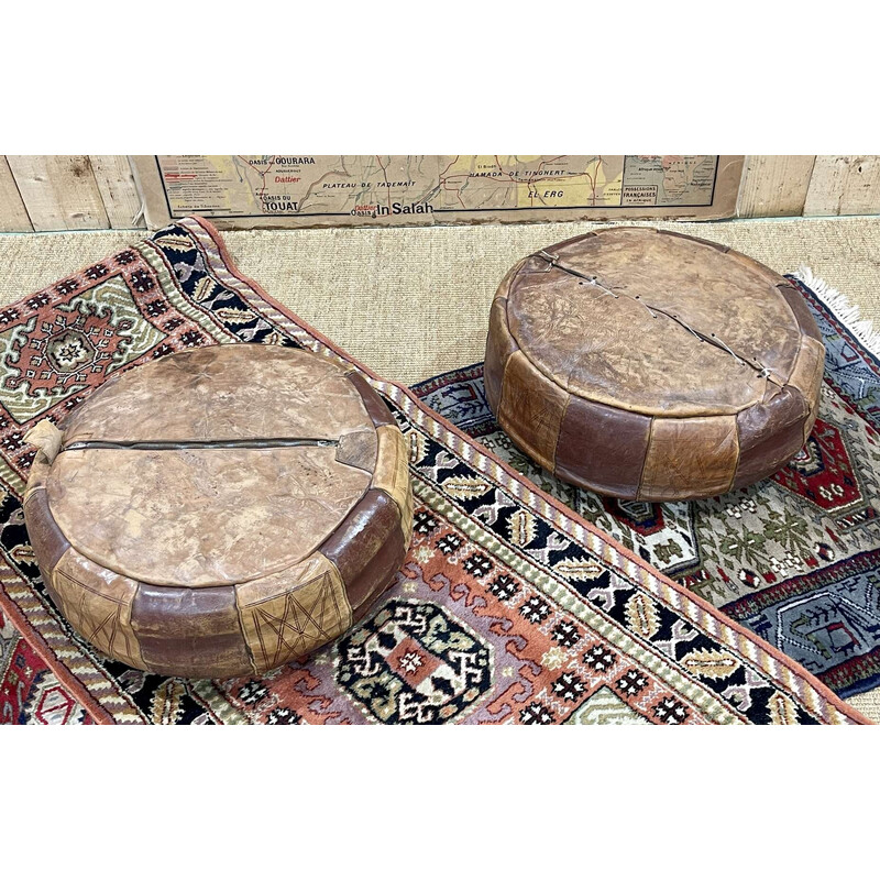 Pair of vintage Berber leather poufs, 1970