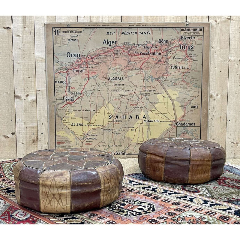 Pair of vintage Berber leather poufs, 1970
