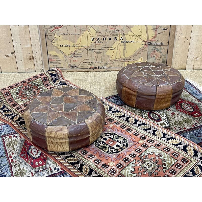Pair of vintage Berber leather poufs, 1970