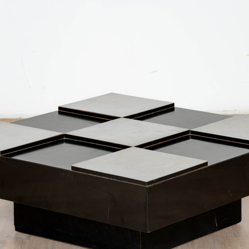 Vintage square coffee table in black melamine and chrome metal for Delmas, France 1970