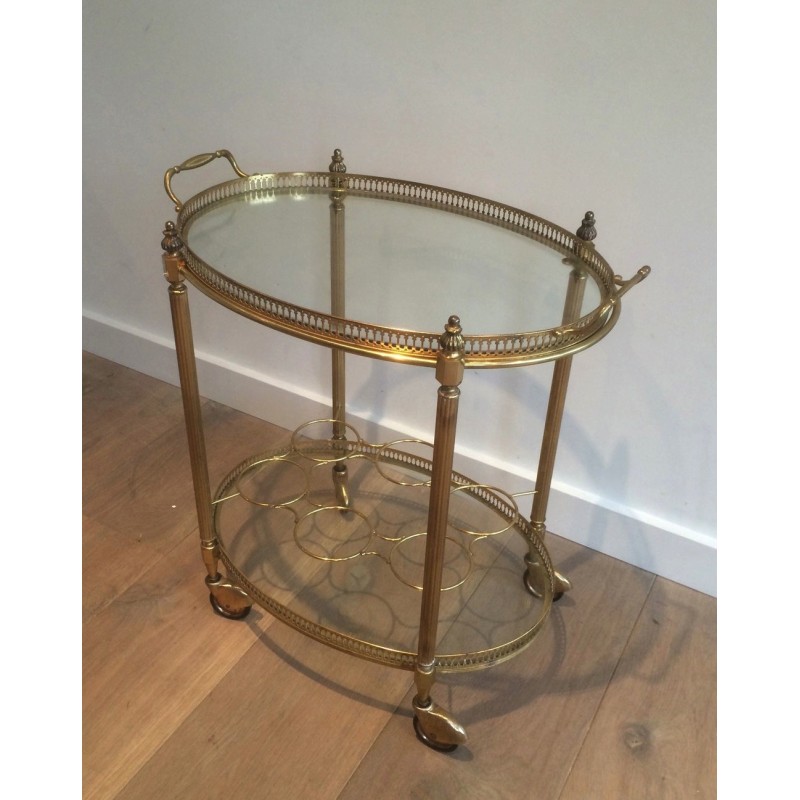 Vintage oval brass drinks trolley with bottle holders, France 1940