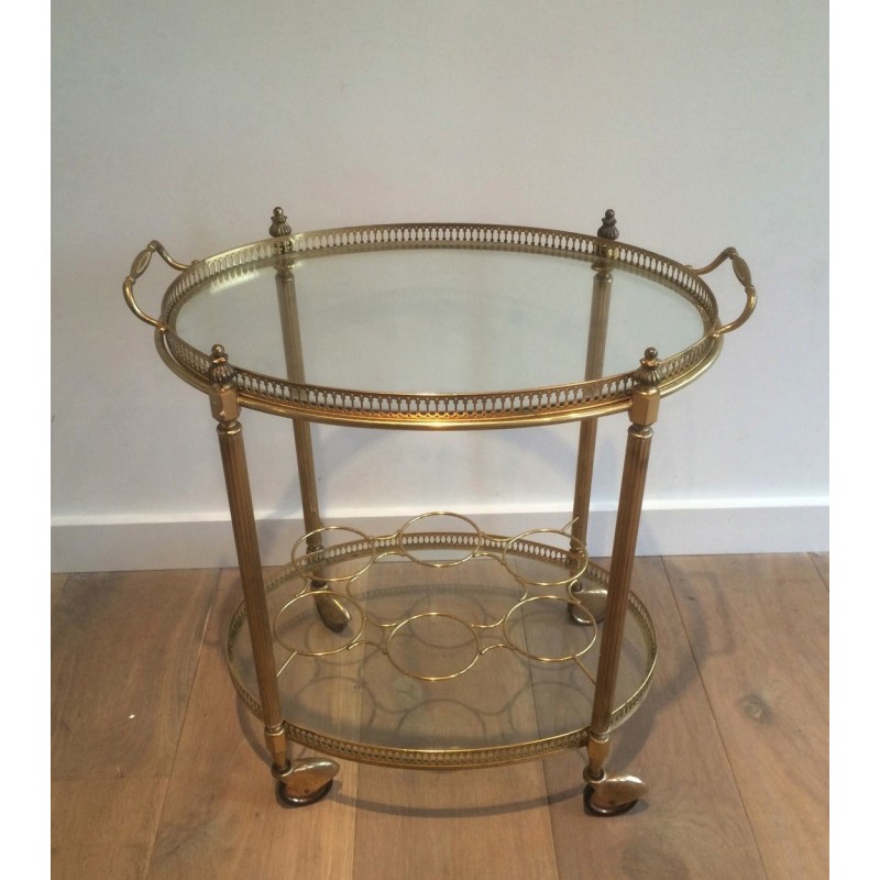 Vintage oval brass drinks trolley with bottle holders, France 1940