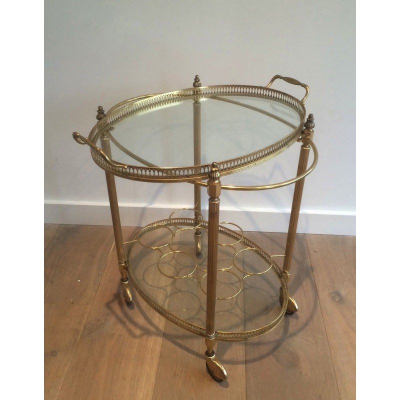 Vintage oval brass drinks trolley with bottle holders, France 1940