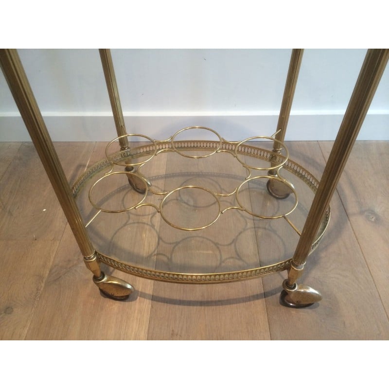 Vintage oval brass drinks trolley with bottle holders, France 1940