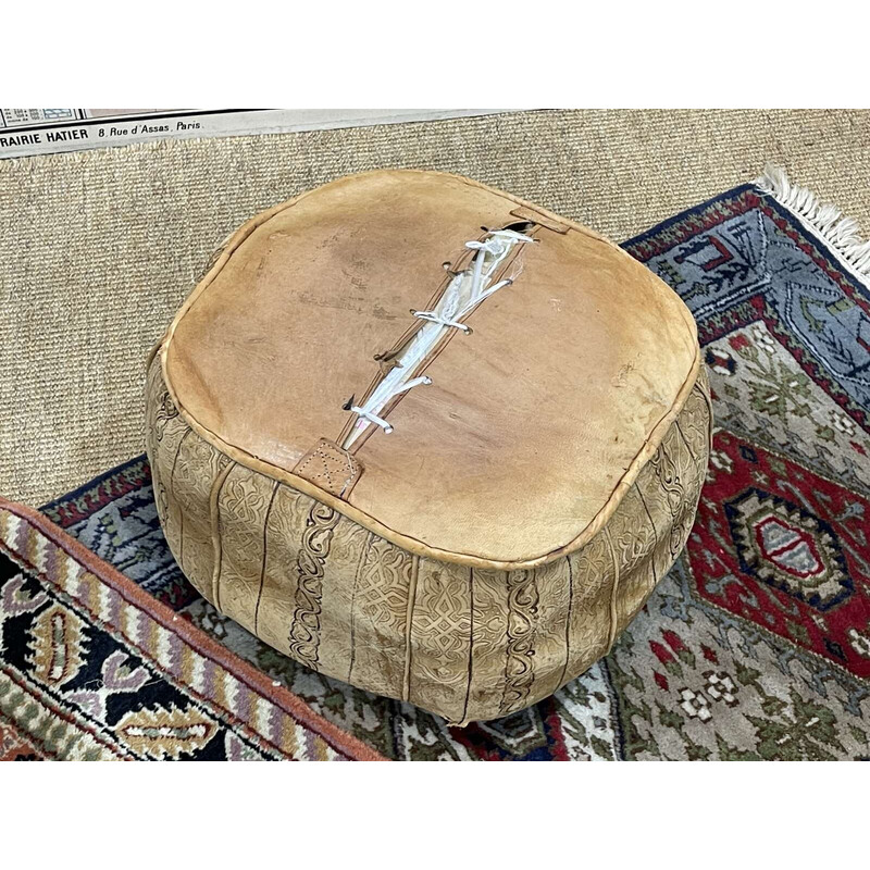 Pair of vintage Berber leather poufs, 1970