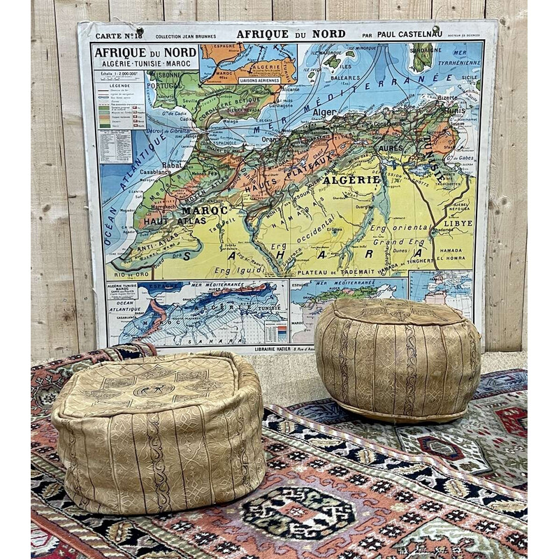 Pair of vintage Berber leather poufs, 1970