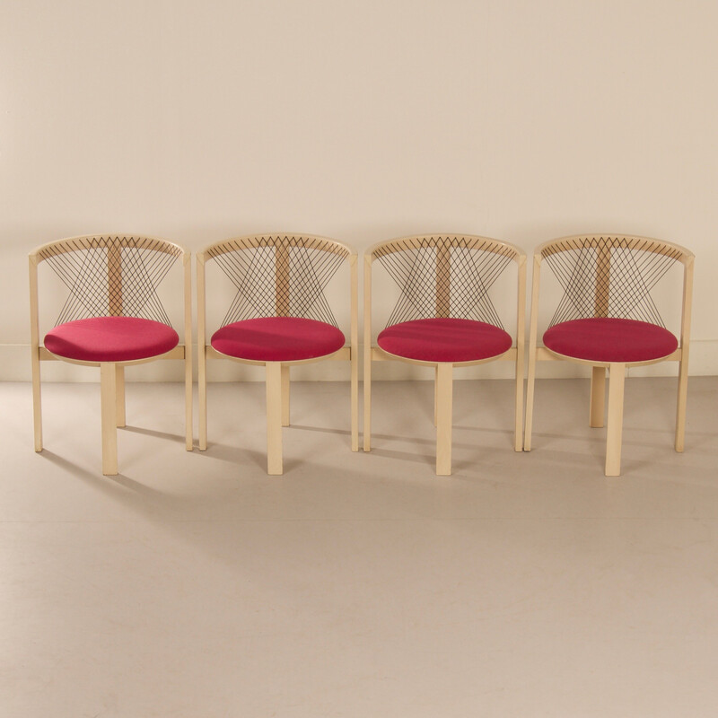 Set of 4 vintage chairs in solid ash and ropes by Niels Jorgen Haugesenpour Tranekaer, Denmark 1980