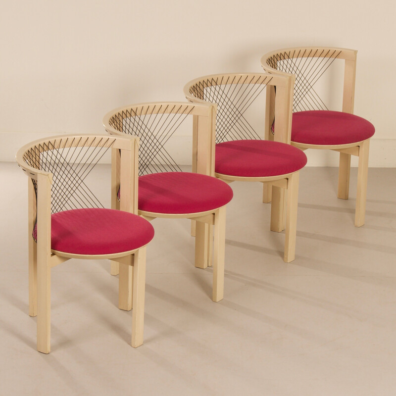 Set of 4 vintage chairs in solid ash and ropes by Niels Jorgen Haugesenpour Tranekaer, Denmark 1980