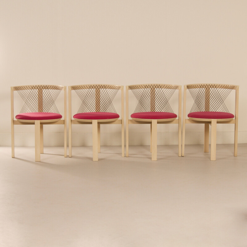Set of 4 vintage chairs in solid ash and ropes by Niels Jorgen Haugesenpour Tranekaer, Denmark 1980