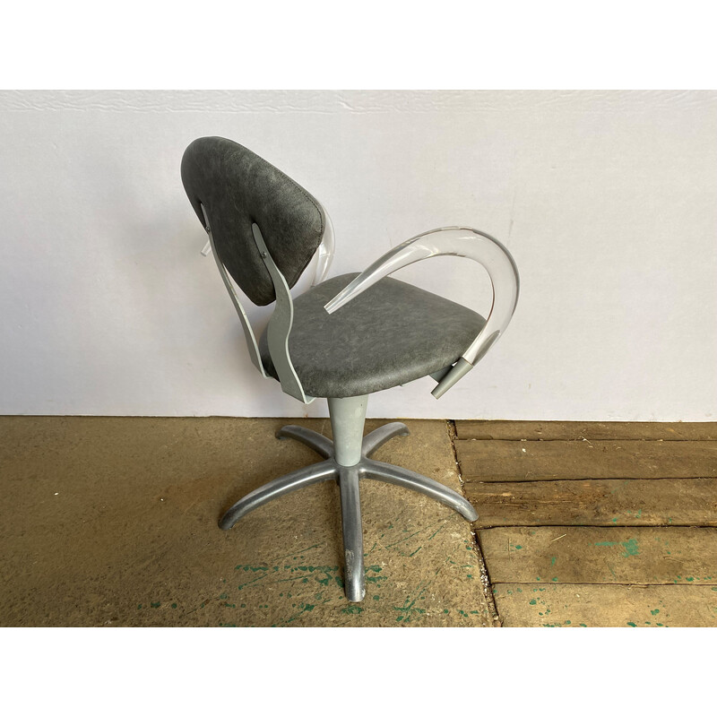 Vintage draaibare kappersstoel van plexiglas en grijs skai, 1970