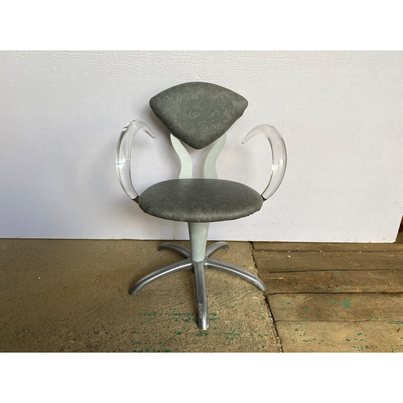 Vintage draaibare kappersstoel van plexiglas en grijs skai, 1970