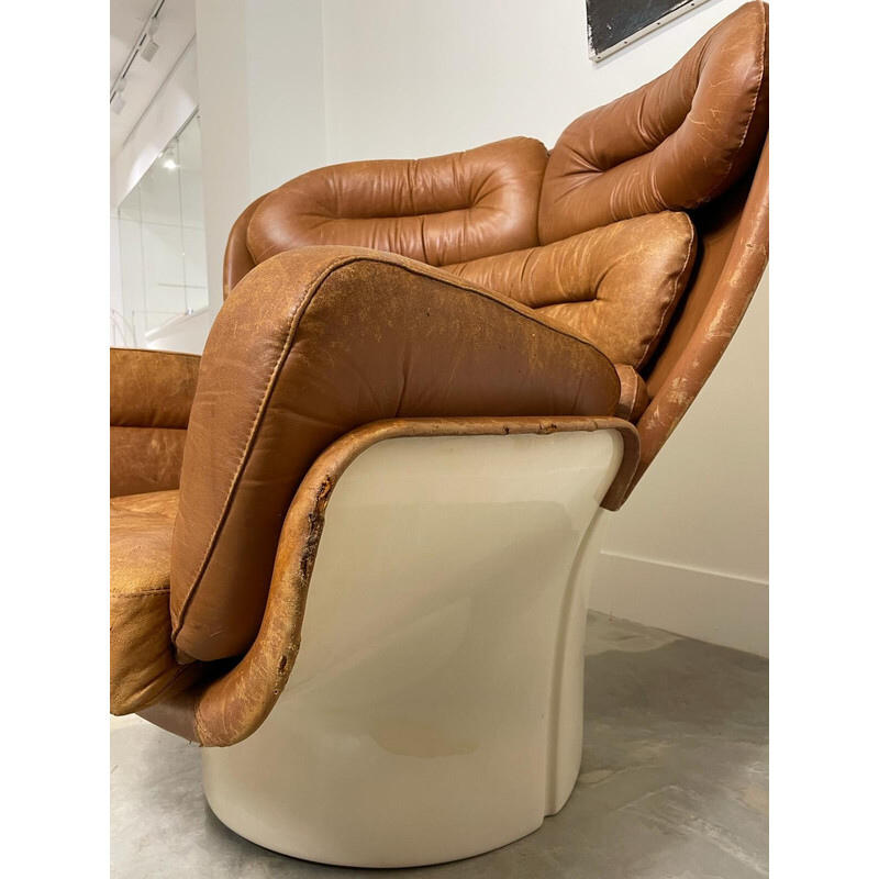 Vintage Elda swivel armchair in cognac leather by Joe Colombo, Italy 1960