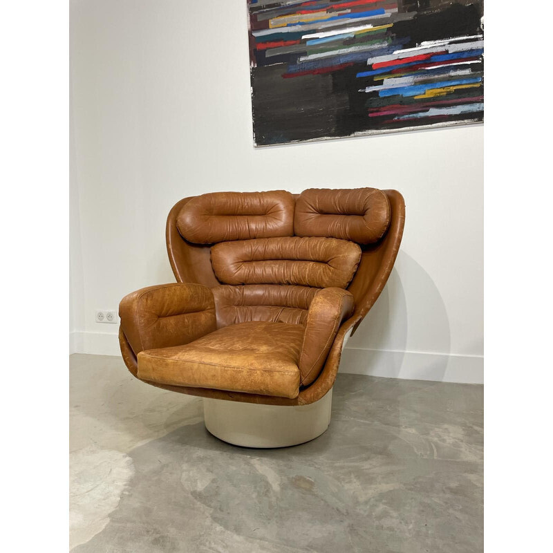 Vintage Elda swivel armchair in cognac leather by Joe Colombo, Italy 1960