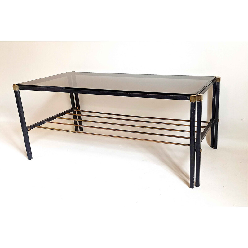 Vintage coffee table with magazine holder in smoked glass, metal and brass, 1960