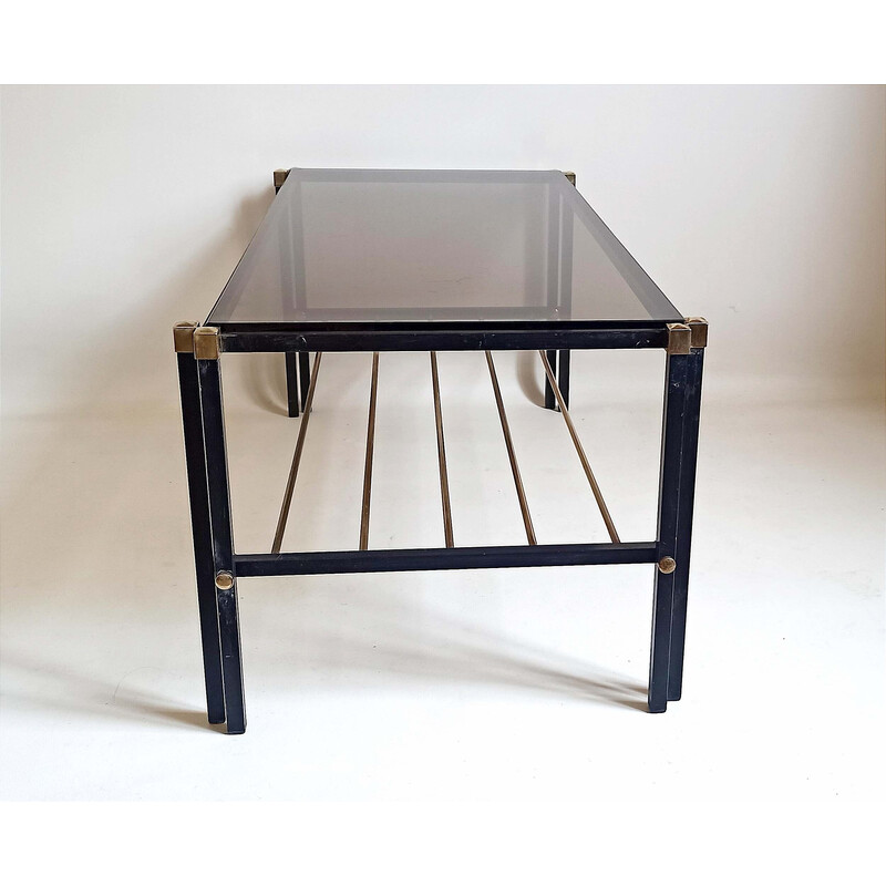 Vintage coffee table with magazine holder in smoked glass, metal and brass, 1960
