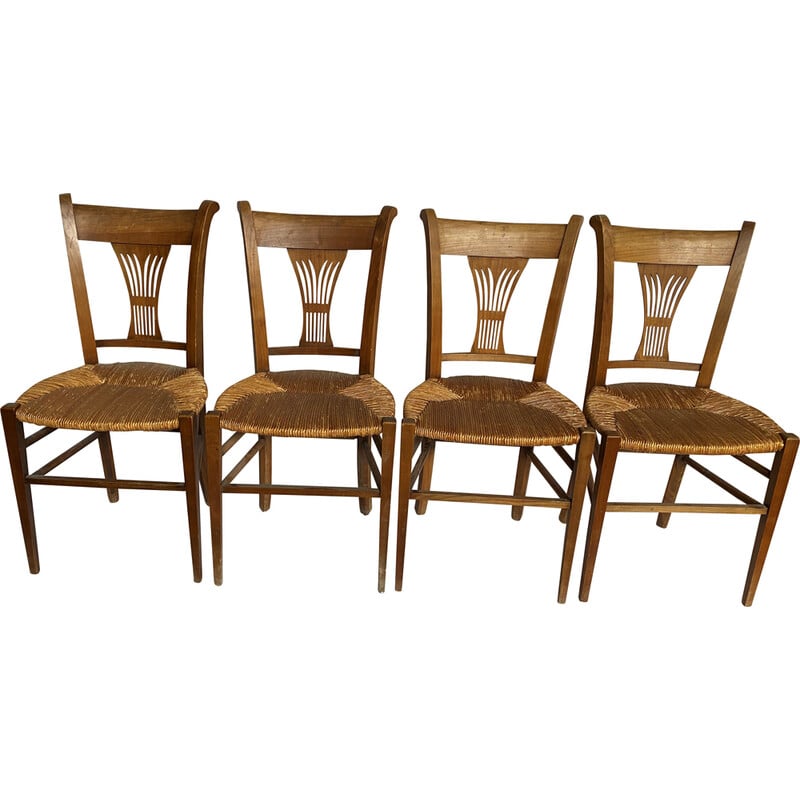 Lot de 4 chaises rustique vintage en bois massif et paille, 1900