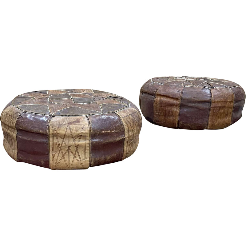 Pair of vintage Berber leather poufs, 1970