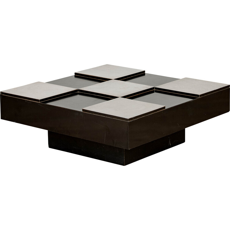 Vintage square coffee table in black melamine and chrome metal for Delmas, France 1970