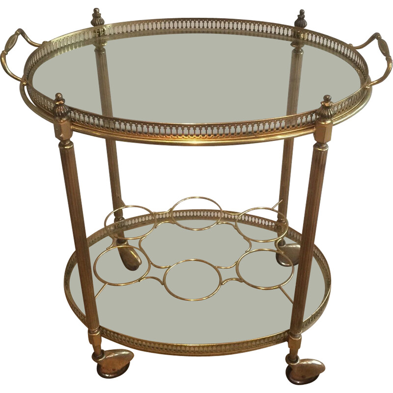 Vintage oval brass drinks trolley with bottle holders, France 1940