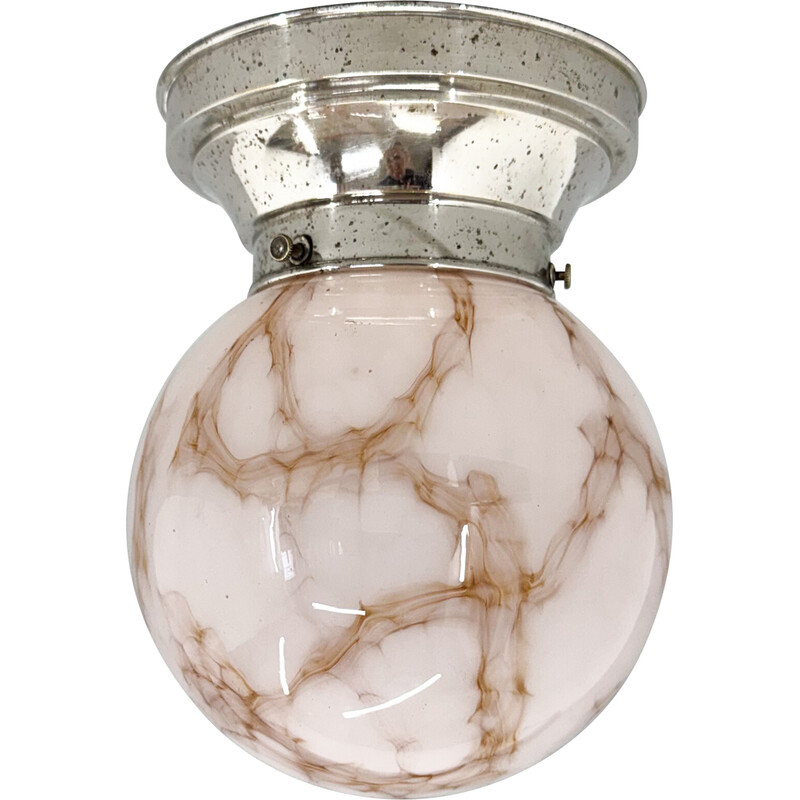 Lampada da soffitto Art Deco d'epoca in cromo e vetro marmorizzato