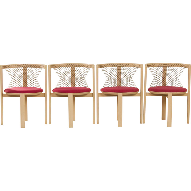 Set of 4 vintage chairs in solid ash and ropes by Niels Jorgen Haugesenpour Tranekaer, Denmark 1980