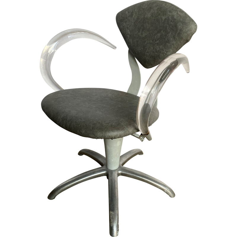 Fauteuil coiffeur vintage pivotant en plexiglass et skaï gris, 1970