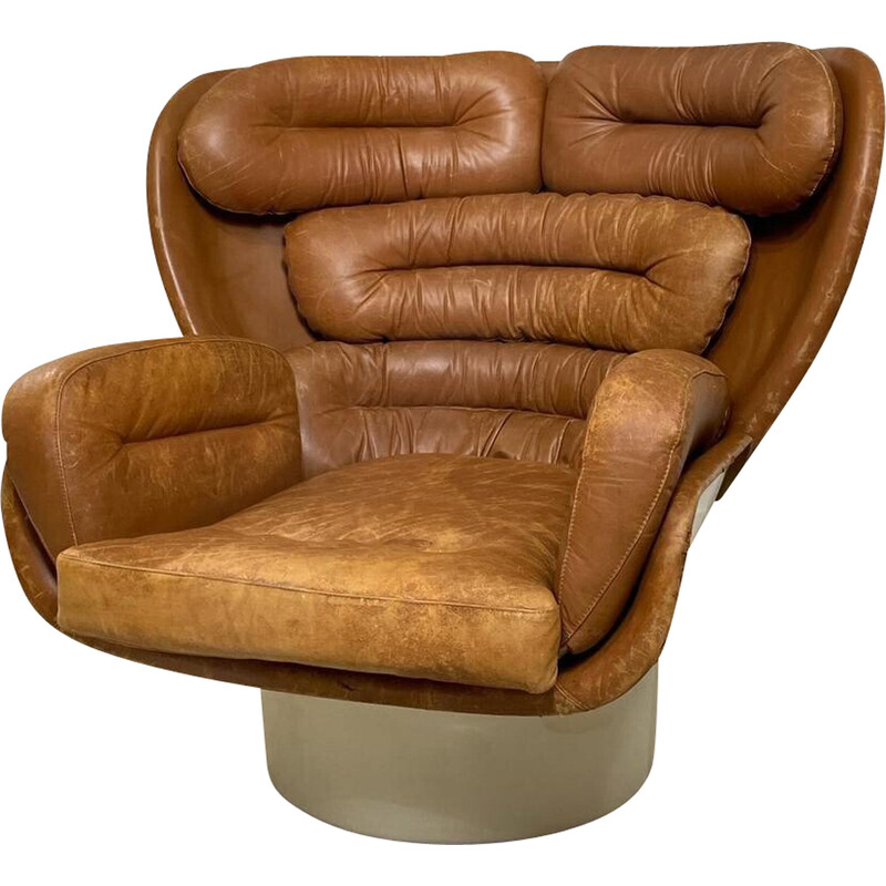 Vintage Elda swivel armchair in cognac leather by Joe Colombo, Italy 1960