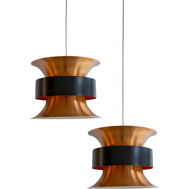 Pair of vintage copper-plated aluminum pendant lamp by Carl Thore for Granhaga, Sweden 1970