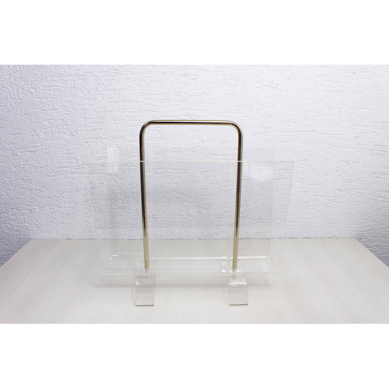 Vintage magazine rack in plexiglass and gold metal, 1980