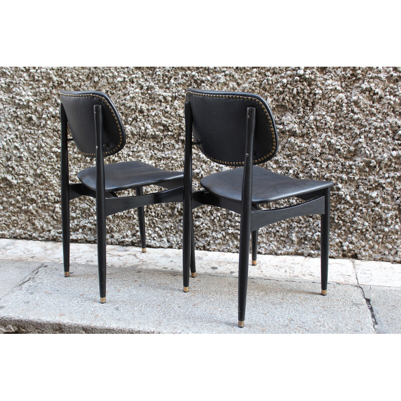 Paire de chaises de bureau vintage Cassina en cuir noir, Italie 1950