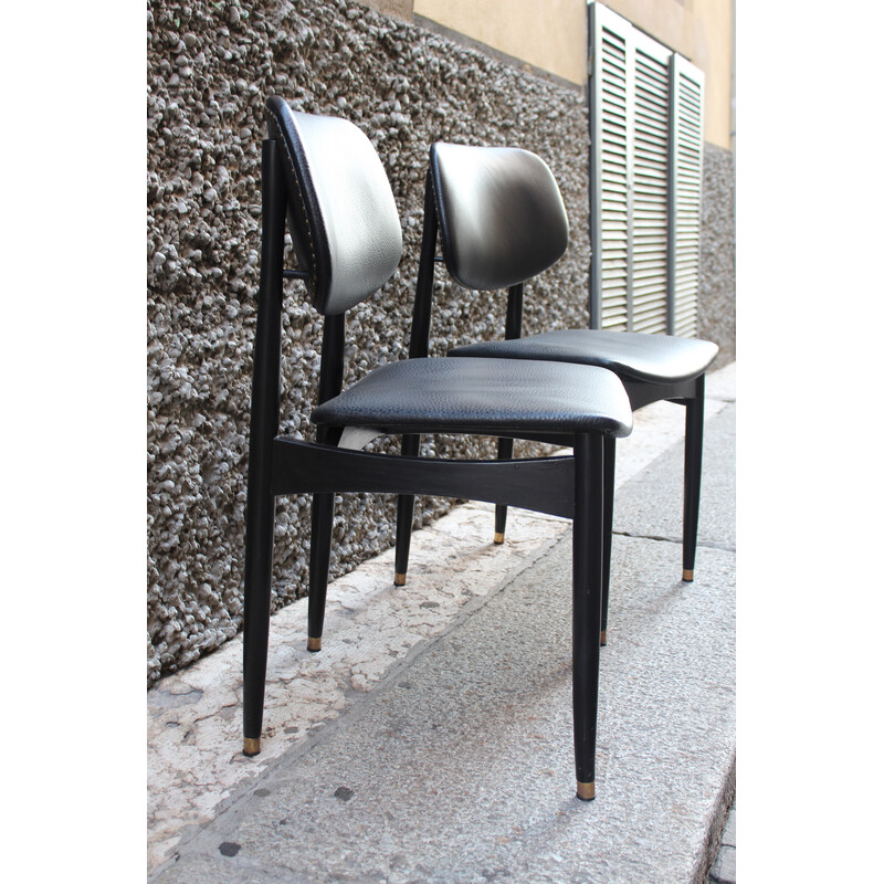 Paire de chaises de bureau vintage Cassina en cuir noir, Italie 1950