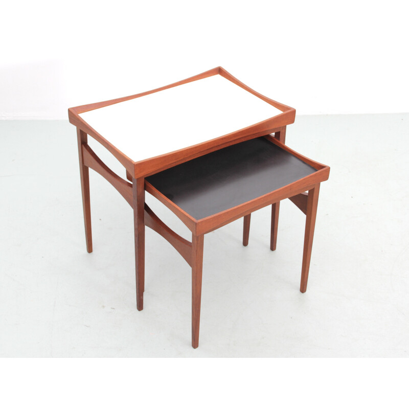 Pair of vintage teak and pale yellow melamine side tables by Finn Juhl