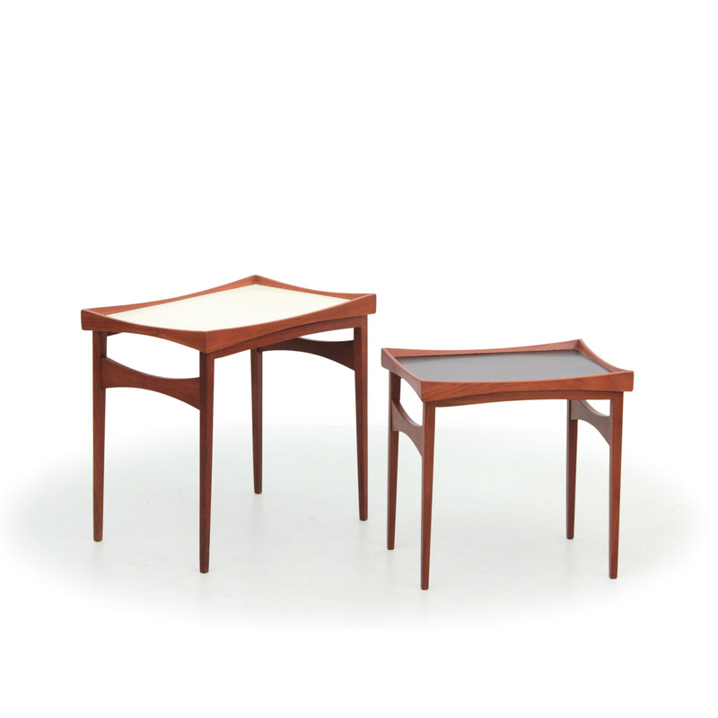 Pair of vintage teak and pale yellow melamine side tables by Finn Juhl