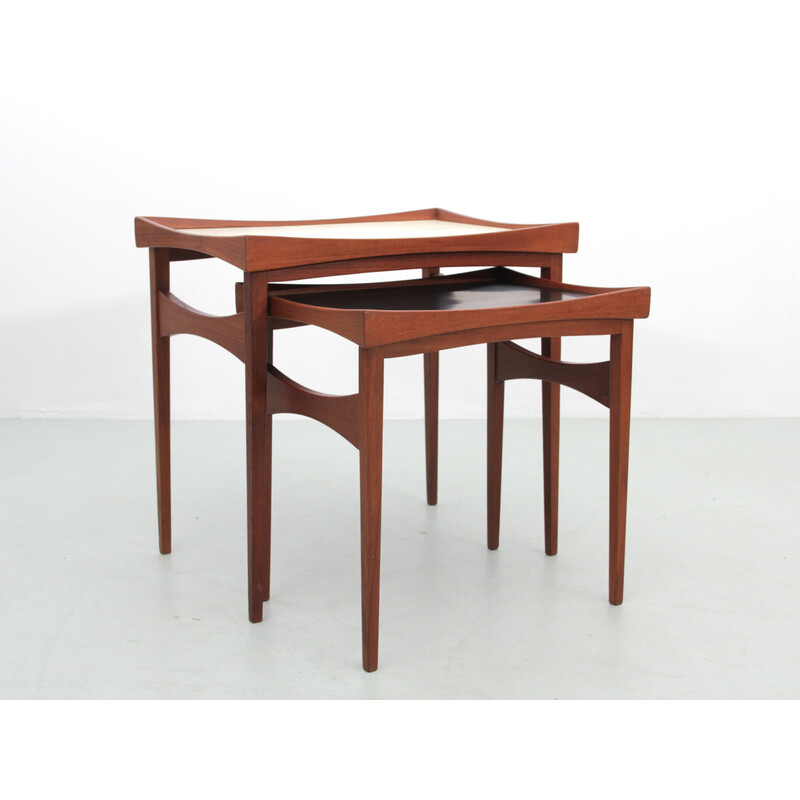 Pair of vintage teak and pale yellow melamine side tables by Finn Juhl