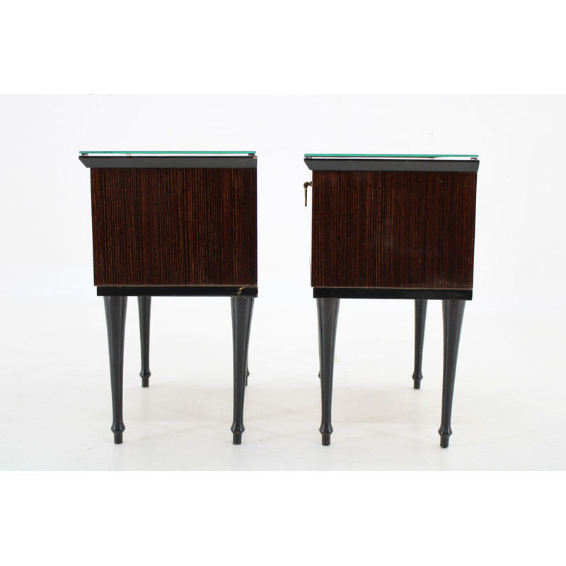 Pair of vintage glass top bedside tables, Italy 1960