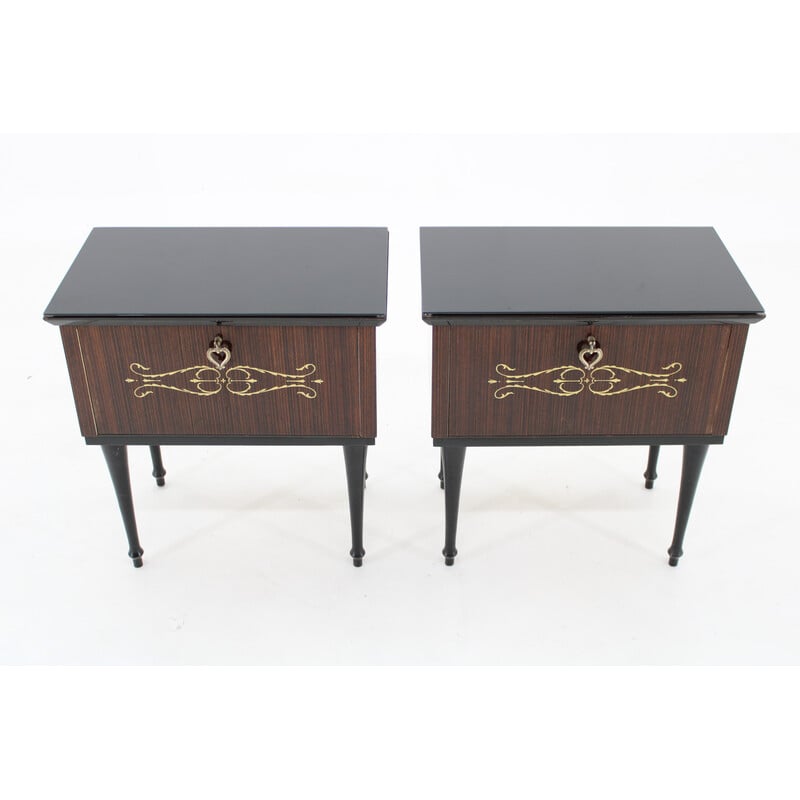 Pair of vintage glass top bedside tables, Italy 1960