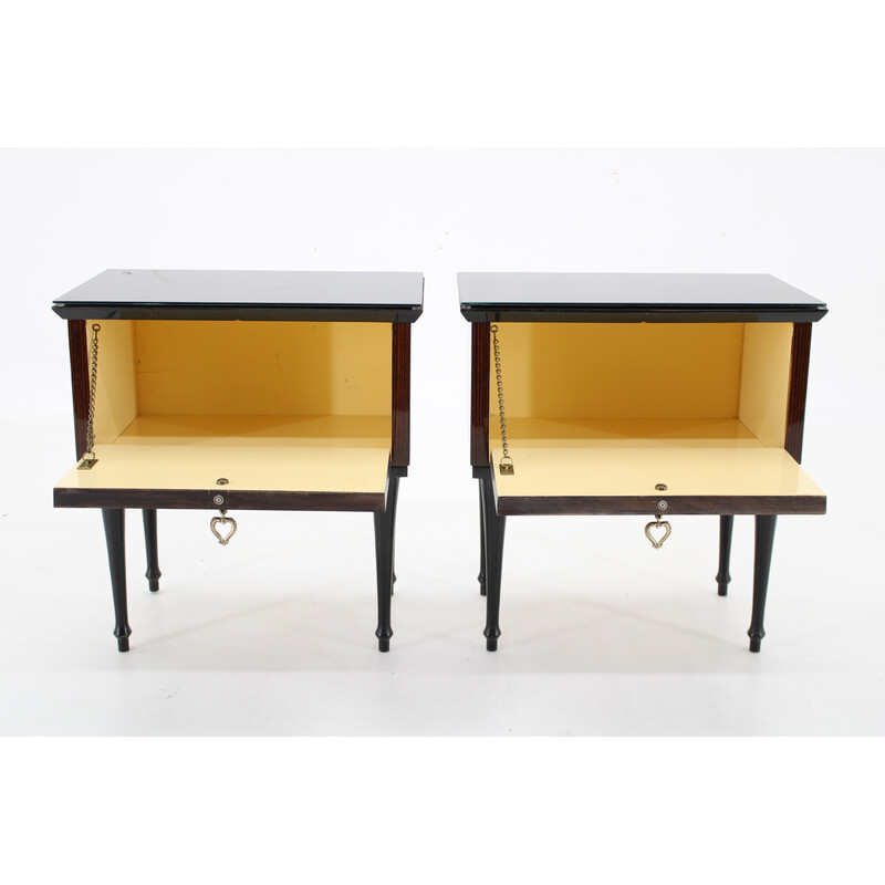 Pair of vintage glass top bedside tables, Italy 1960