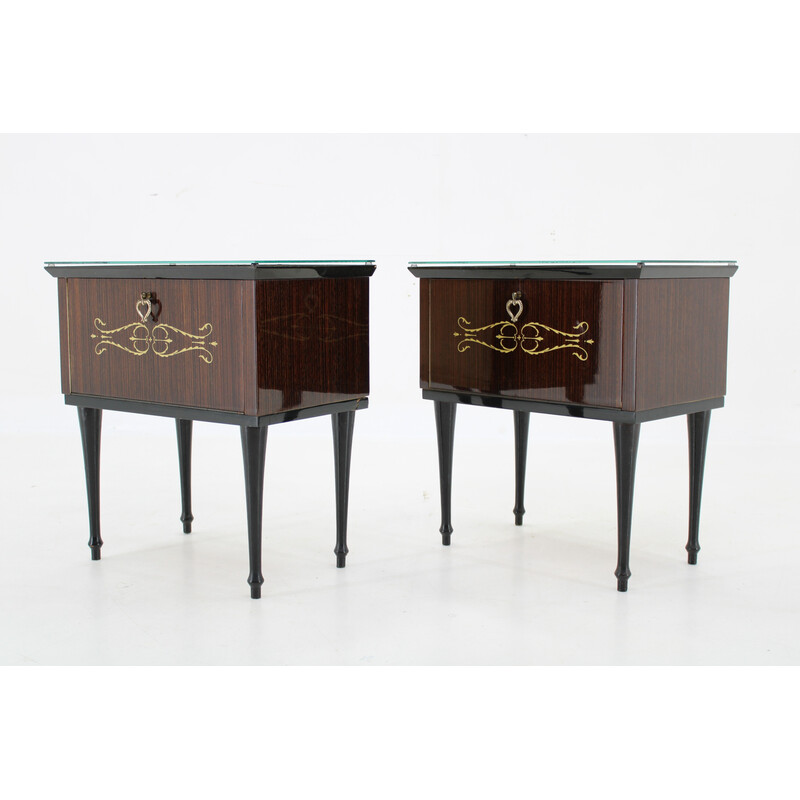 Pair of vintage glass top bedside tables, Italy 1960