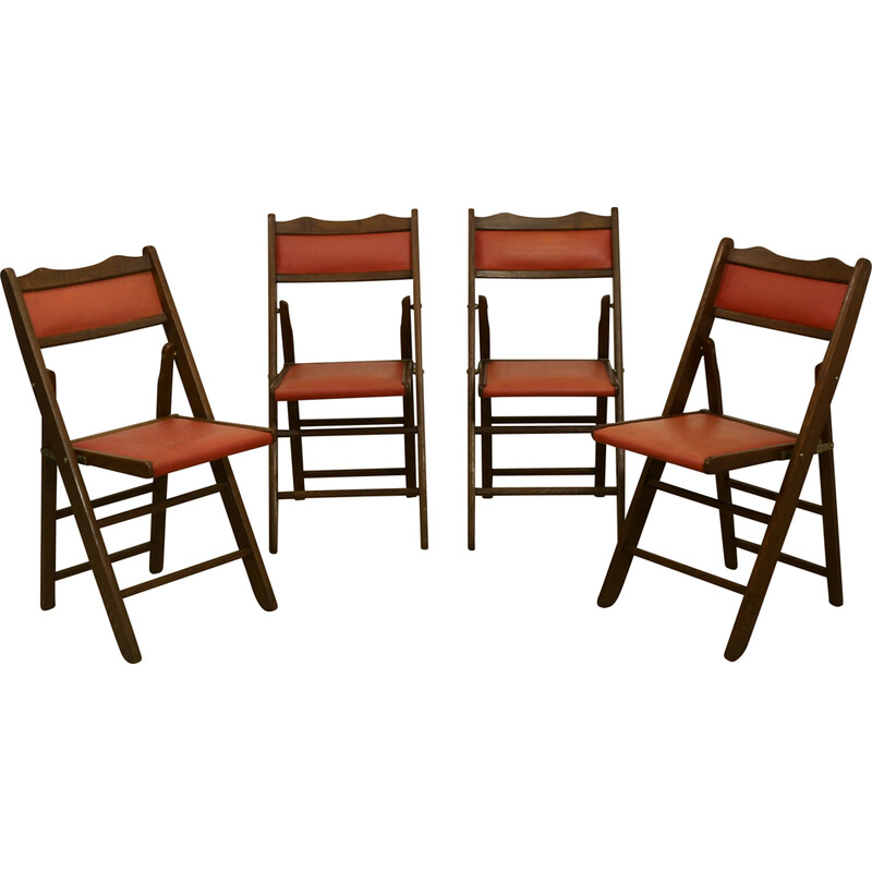 Juego de 4 sillas plegables Art Decó vintage de madera de cedro, China 1950