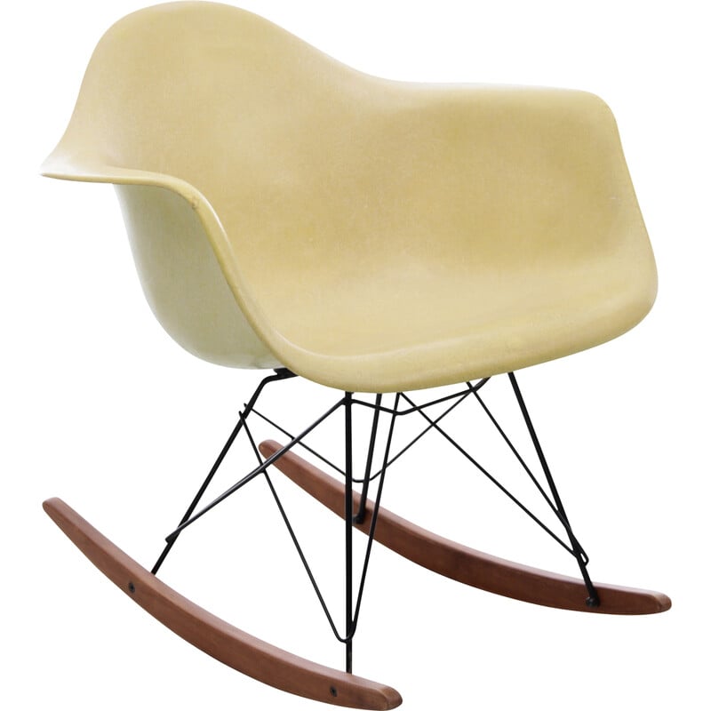 Rocking chair vintage "Rar" en fibre de verre jaune par Charles Eames, 1950