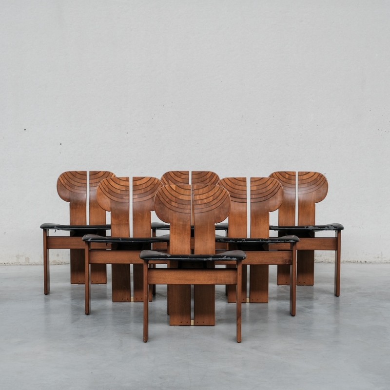 Lot de 6 chaises à repas vintage "Africa" en cuir et noyer d'Afra et Tobia Scarpa pour Maxalto, Italie 1975