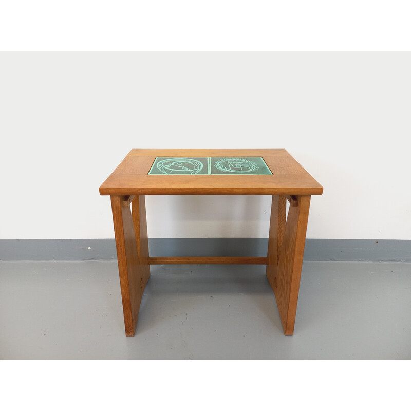 Vintage coffee table in solid oak and ceramic by Robert Guillerme and Jacques Chambron, 1960