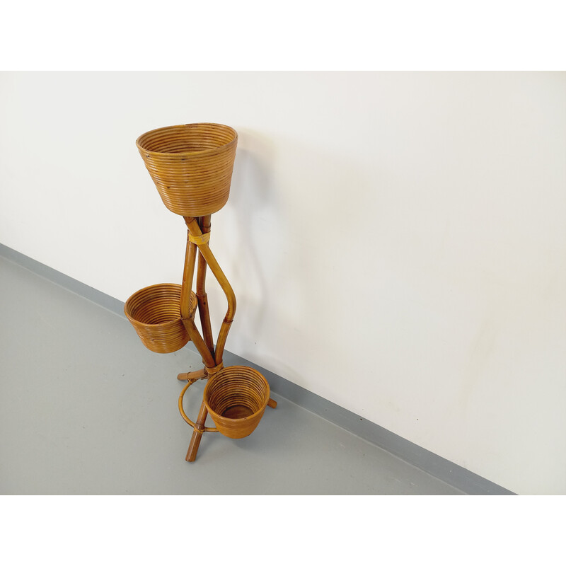 Vintage rattan tripod plant holder, 1970