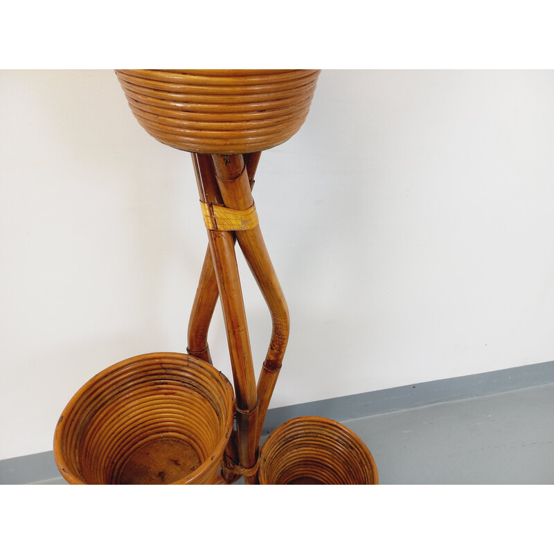 Vintage rattan tripod plant holder, 1970