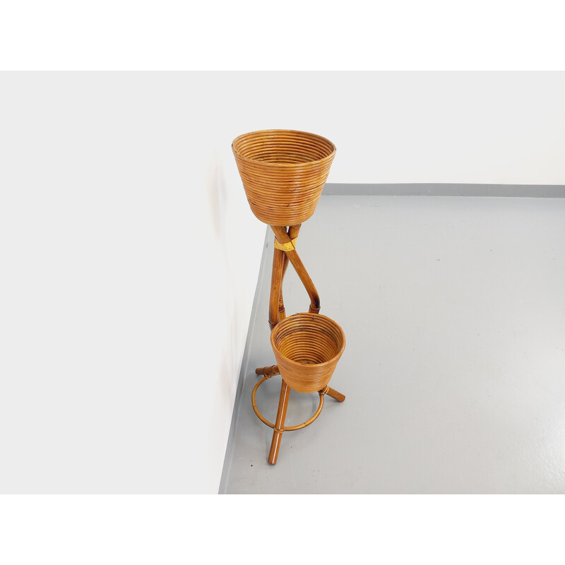 Vintage rattan tripod plant holder, 1970