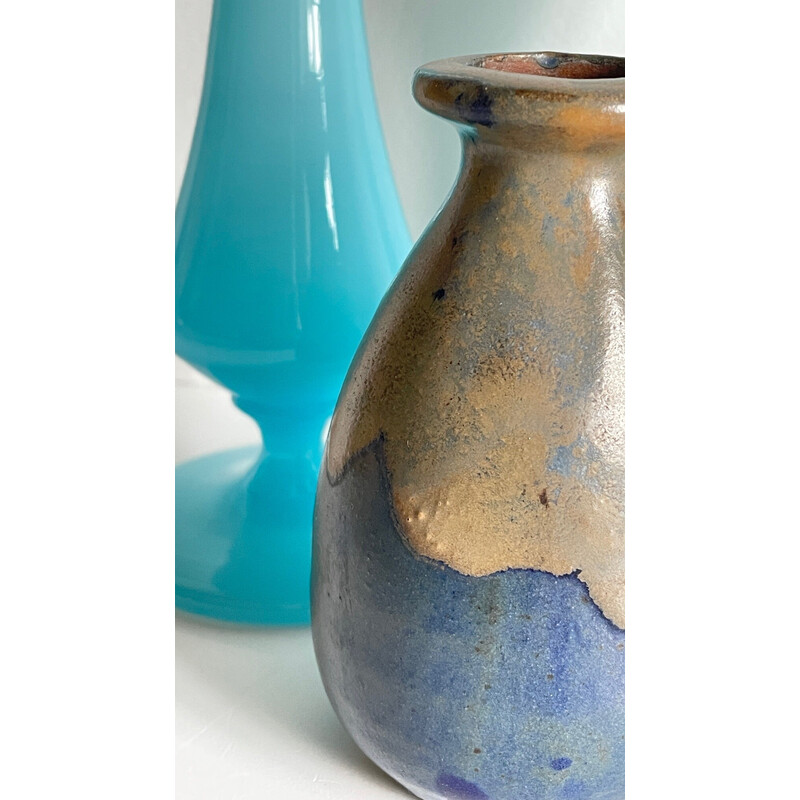 Set of 3 vintage blue vases in sandstone and opaline glass