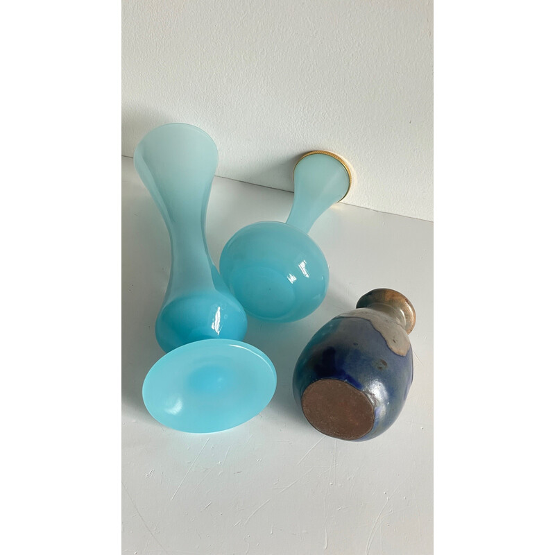 Set of 3 vintage blue vases in sandstone and opaline glass