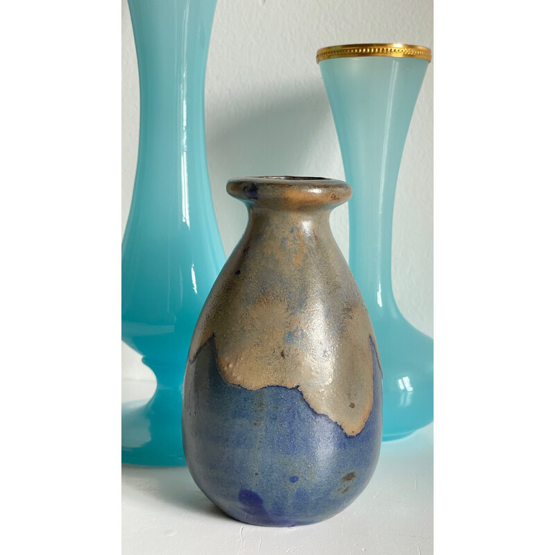 Set of 3 vintage blue vases in sandstone and opaline glass