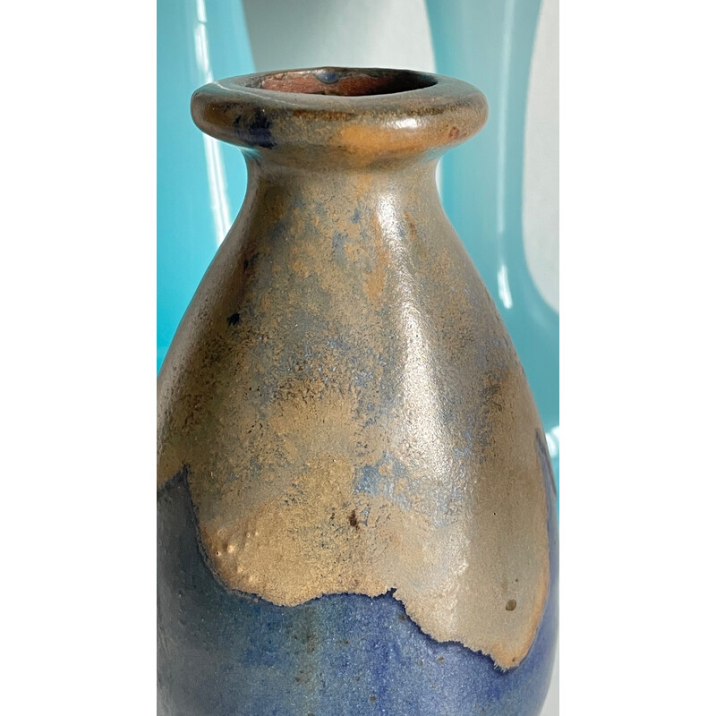 Set di 3 vasi vintage in gres blu e vetro opalino